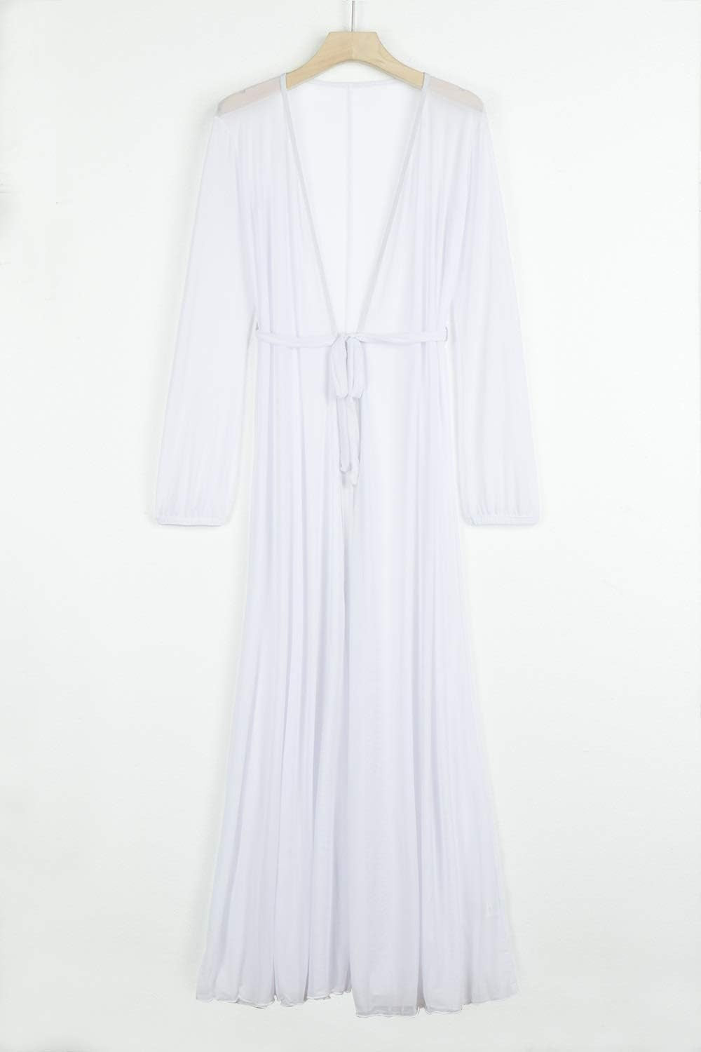 Women'S Sexy Thin Mesh Long Sleeve Tie Front Swimsuit Swim Beach Maxi Cover up Dress
