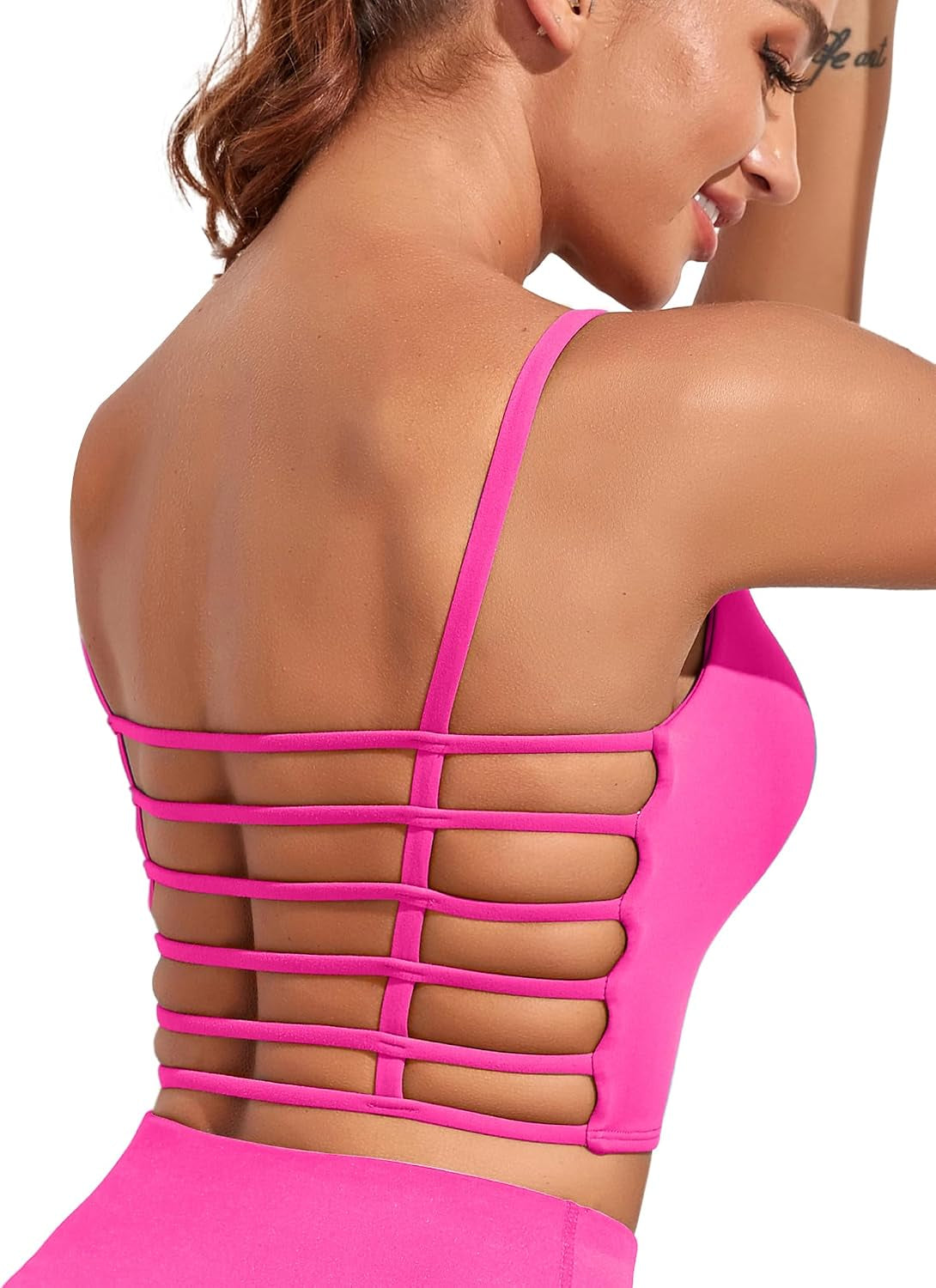 Strappy Sports Bras for Women High Support Open Back Workout Tops Longline Tank Top with Built in Bra Yoga Crop Bras