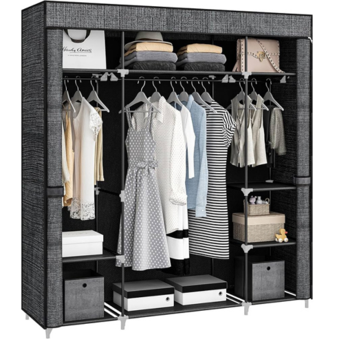 Armoire portable en tissu non tissé – 162 x 43 x 175 cm, 3 porte-vêtements avec housse zippée, couleur noire, pour chambre à coucher
