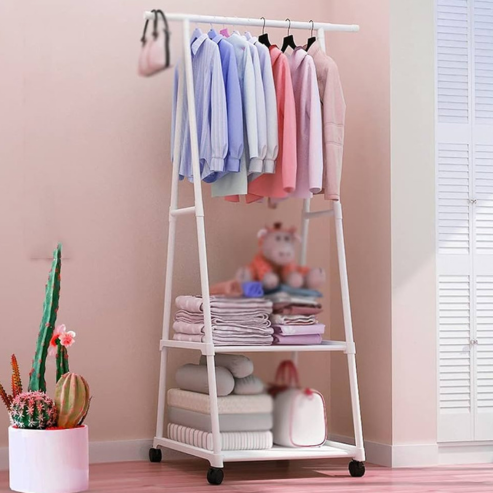 Porte-vêtements portable en acier inoxydable avec roulettes – étagère triangulaire à 2 couches et crochets, pour maison ou bureau