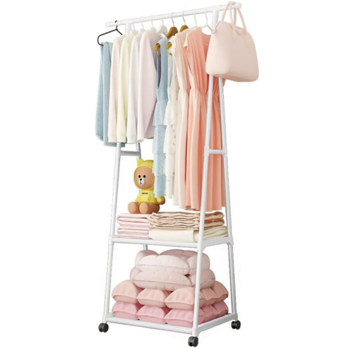 Porte-vêtements portable en acier inoxydable avec roulettes – étagère triangulaire à 2 couches et crochets, pour maison ou bureau